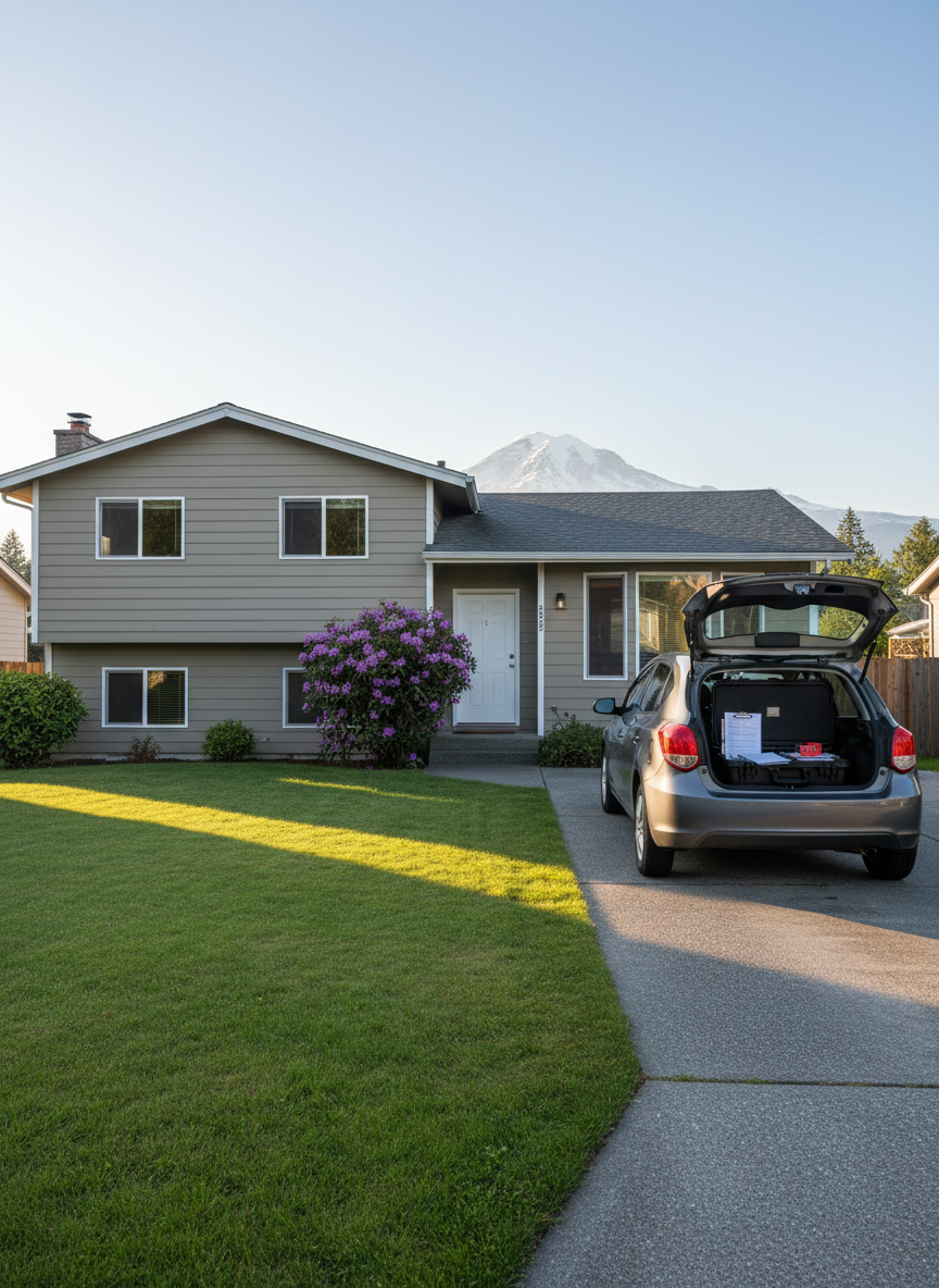 A realistic photographic scene of a well-kept Tacoma split-level home being visually documented for appraisal, with no people present. In the driveway, a discreet, unbranded gray hatchback is parked with its rear open, revealing a hard case, a clipboard with non-readable forms, and a laser distance measurer. The house features neutral siding, large front windows, and a flowering shrub near the entry, with Mount Rainier faintly visible in the distant haze. Soft late-afternoon light brightens the façade and creates gentle shadows across the lawn, establishing a calm, methodical mood. Shot from curbside at an eye-level perspective using the rule of thirds, the home dominates the frame while the open vehicle subtly signals professional appraisal activity.